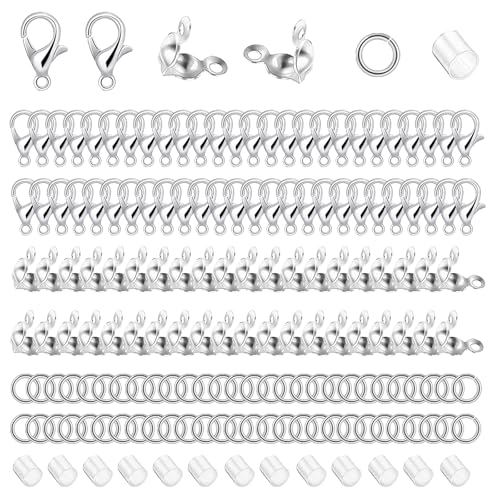 700pcs Jewelry Making Accessories Set with 100 Lobster Claw Clasp 200 Bead Tips Knot Covers 200 Crimp Tube Beads and 200 Open Jump Ring Connectors for DIY Jewelry Bracelets Necklaces（Silver） - color: Silver