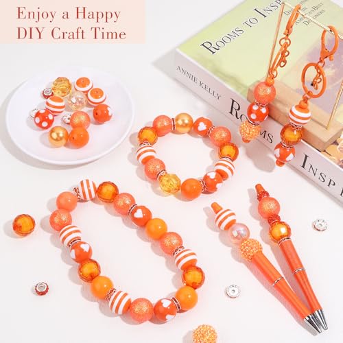 35 Pcs Chunky Bubblegum Beads 20mm Focal Pen Large Rhinestone Pearl Bead with Rhinestone Large Hole European Spacer Bead for DIY Beadable Pen Jewelry Making Keychain Craft Making(Orange) - color: Orange