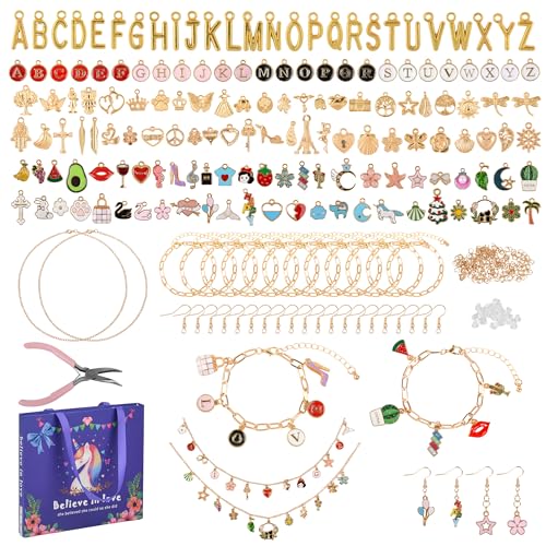 408Pcs Gold Charm Bracelet Making Kit for Girls, Including 12 Bracelet Chains, 152 Charms, 200 Jump Rings, 20 Earing Hook, 2 Necklace, 1 Jewelry Plier for DIY Crafting and Jewelry Making for Adults