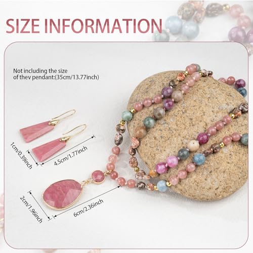 2 Pcs Boho Lapis Lazuli Jewelry Set for Women - Handmade Natural Stone Beaded Long Necklace with Oval Lapis Lazuli Pendant & Trapezoid Lapis Lazuli Earrings | Vintage Elegance | Ideal Gift for Her - style: Rhodochrosite Pendant