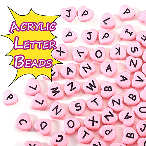 Cheriswelry 100pcs Pink Heart Acrylic Letter Mixed Opaque Black Alphabet Spacer Beads 10.5x11.5mm for DIY Craft Jewelry Making - color: Pink Heart Letter Beads