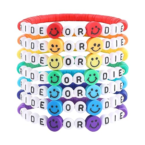 Rainbow Heishi Surfer Bracelets Set for Women Stackable Clay Beaded Bracelets Disc Stretch Preppy Bracelets Layering Colorful Friendship Bracelets Team Cheer Bulk Boho Summer Beach Jewelry Gift - style: ROD