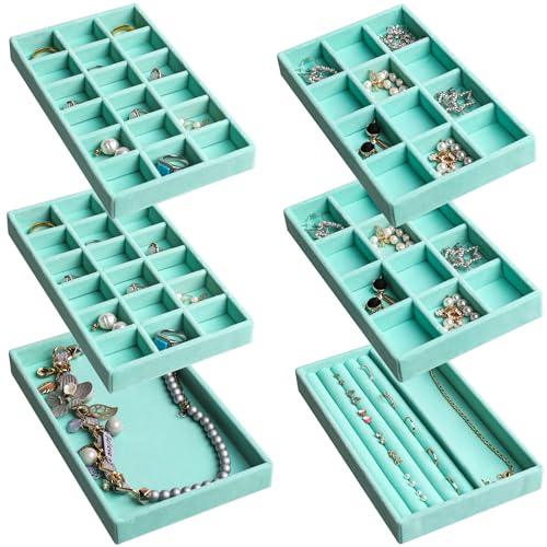 Frebeauty Jewelry Organizer Tray,Stackable Velvet Jewelry Trays,Drawer Inserts Earring Organizer For Women Jewelry Storage Display Case for Rings Stud Necklaces,Set of 6(Turquoise) - color: Turquoise, size: Set 6