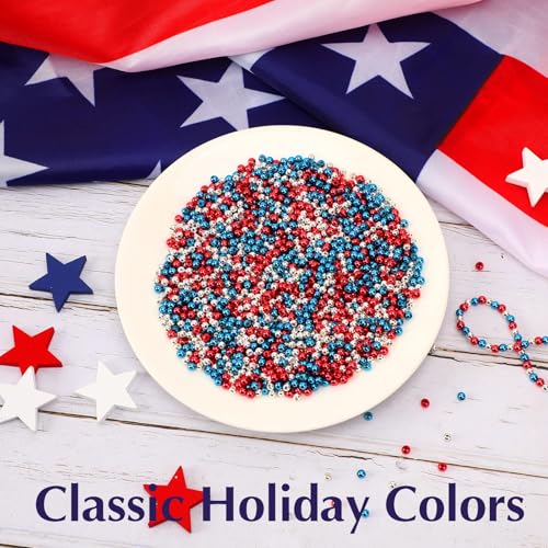 DECYOOL Independence Day Beads, DECYOOL 1200Pcs 4mm Patriotic Spacer Beads 4th of July Loose Ball Round Beads for DIY Bracelet Jewelry Making Craft, Red & Silver & Blue - color: Red & Silver & Blue, size: 4mm