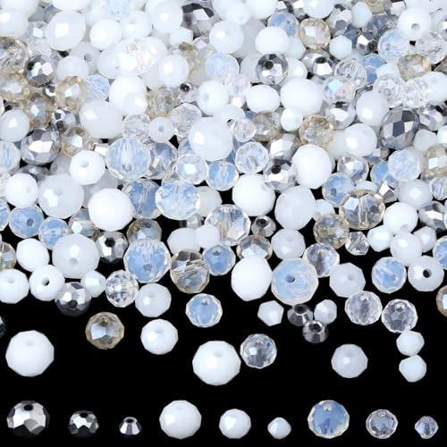 ZHIYUXI 1100PCS 4mm 6mm 8mm White Faceted Glass Beads for Jewelry Making Crystal Assorted Suncatchers Glass Beads for Bracelet Making Necklaces Accessories - color: J-White