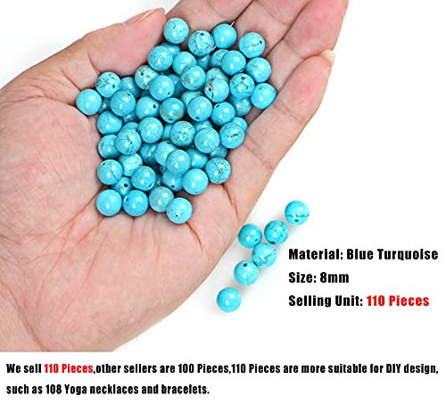 AD Beads 8mm Natural Round Loose Beads 110 Pieces, for Making 108 Mala Prayer Beads Necklace, Bracelet & Yoga Meditation, Jewelry Design (Blue Turquoise) - color: Blue Turquoise