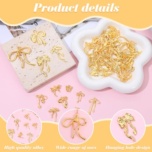 60 Pcs Mini Gold Bow Charms for Jewelry Making, Cute Alloy Bowknot Pendants Metal Bow Link Charms Earring Connectors for Bracelets Necklaces Earrings Keychains DIY Crafts