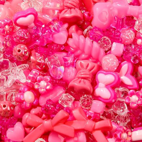500g Acrylic Assorted Beads Flower Star Butterfly Candy Acrylic Kawaii Beads for Keychain Bracelets Jewelry Making DIY Plastic Crafts (Rose Red) - color: Rose Red