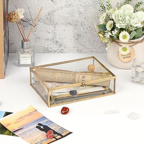 Hipiwe Glass Jewelry Display Box Gold Photo Organizer with Mirror Base Decorative Golden Box for Ring Earring Keepsake Makeup Treasure, 7.3 x 5.3 x 2 Inch - size: 7.3 x 5.3 x 2 Inch
