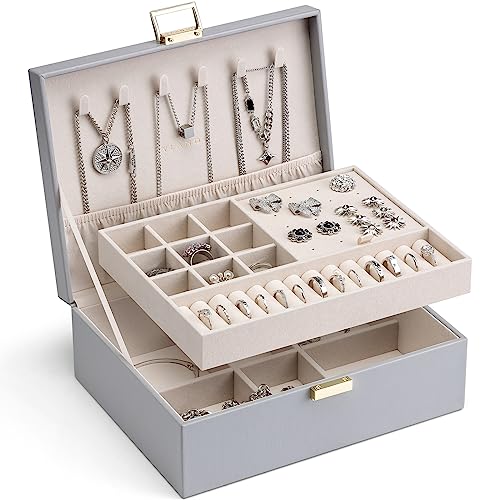 VLANDO 2 Layer Jewelry Box Large Jewelry Organizer for Women Removable Jewelery Tray for Necklace Earrings Rings Bracelets Jewelry Boxes Christmas Birthday Gifts for Women(Grey) - color: 02-Grey