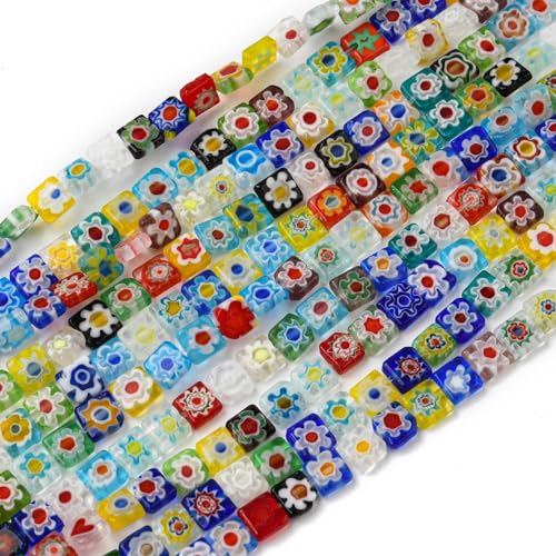 UR URLIFEHALL 5 Strands 300 Pcs Millefiori Glass Beads - 6mm Assorted Colorful Lampwork Flower Cube Beads for Jewelry DIY - color: 5 strand-6x6x2.5mm-square millefiori beads