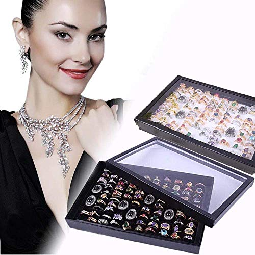 ZLY Jewelry Rings Display Tray Velvet 100 Slot Case Box Jewelry Storage Box - color: Black