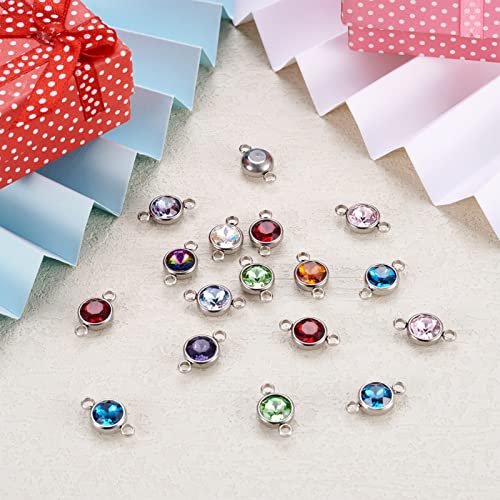 Pandahall 20pcs Mixed Color Glass Gemstone Pendants Flat Round Glass Links Charms with Double 304 Stainless Steel Bail Connectors for Bracelet Jewelry Making (Silver)