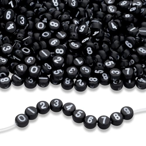 LAIDANLA 1000PCS Acrylic Number Beads White Number Black Round Bead 7×4mm for Jewelry Bracelets Necklaces Key Chains Making - color: Y-White Number Black Beads