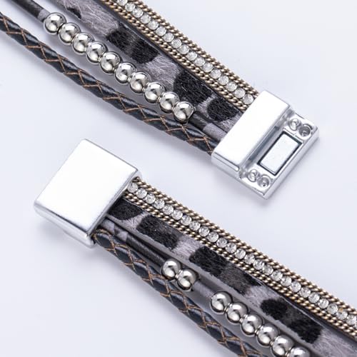 FANCY SHINY Mothers Day Gifts Boho Leather Wrap Bracelet Stackable Infinity Chunky Cuff Bracelets Western Hippie Outfits Jewelry Valentine Gifts for Women - color: Grey Leopard