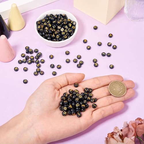 500Pcs Acrylic Beads 7mm Black Vowel Letter Beads Gold Alphabet Bead A E I O U Small Initial Kandi Bead for Crafts DIY Friendship Bracelets Keychain Jewelry Making Supplies - color: Black, Gold Letters, size: 7x3.5mm