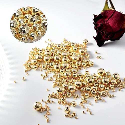 300pcs 14K Gold Bead,Seamless Gold Round Beads,Brass Loose Bead,that Do Not Fade Easily,Gold Beads for Bracelet Necklace Making (5MM) - size: 5MM