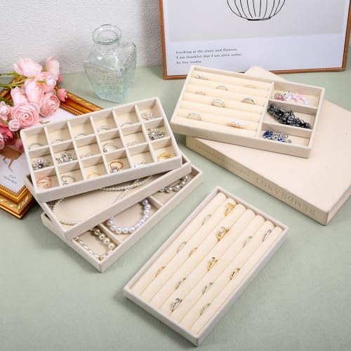 10 Pack Beige Jewelry Organizer Tray, Jewelry Drawer Organizer Inserts with Removable Dividers Stackable Velvet Ring Earring Storage for Rings Earrings Necklace Bracelet Watch Storage