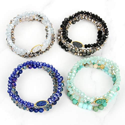 RIAH FASHION Bohemian Acrylic Druzy Multi-Layer Bead Statement Bracelet - Versatile Faux Stone Pendant Stretch Strand Stackable Cuff Bangle Set Sparkly Crystal - color: Oval Acrylic Druzy - Black