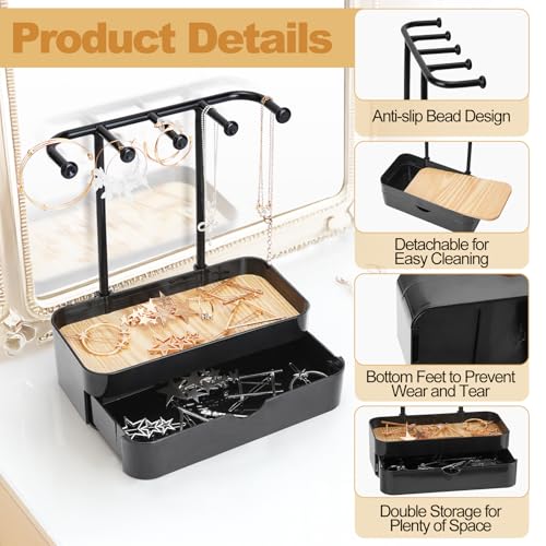 WCHOSOZH Jewelry Organizer Stand, 2-Tier Necklaces Holder with Wooden Tray and 5 Storage Hooks, Earring Holder with 5 Pcs Jewelry Bags for Bracelet,Chains,Rings,Earrings,Keys Watches (Black) - color: Upgraded Black