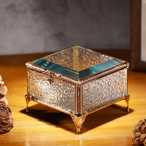 Glass Vintage Jewelry Box Keepsake storage Trinket Ring Display Box Home Decor Beveled Clear Glass Box Organizer(3.6x3.6x2.7Inches) - color: Golden