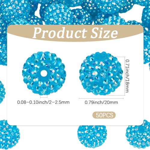 50PCS 20MM Blue Rhinestone Sparkly Beads with Hole Round Resin Bubblegum Disco Ball Shiny Crystal Charms Loose Spacer Bead Bulk for Jewelry Making Bracelets Earrings Keychains DIY Crafts - color: Blue, size: 20mm 50pcs