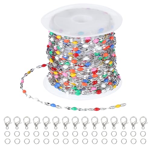 PATIKIL Stainless Steel Jewelry Chain, 16Ft 2mm Multicolor Enamel Link Cable Chains for Necklace Earring Bracelet Findings Jewelry Making Trucker Hat Chains, Silver/Multicolor - color: Silver/Multicolor