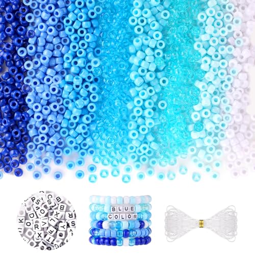 Blue and White Pony Beads, 1200Pcs 6x9mm Pony Bead Bulk and 100Pcs Square Letters, Large Hole Hair Bead for Braids for Girls Kids, Plastic Kandi Beads for Bracelets Jewelry Making DIY Crafts(8 Colors) - color: blue