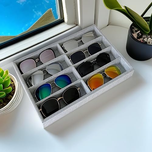 8 -Slot Premium Grade Velvet Sunglasses Eyewear Jewelry Show Tray Home Organizer Velvet Multifunctional Stackable - color: Gray-velvet 8