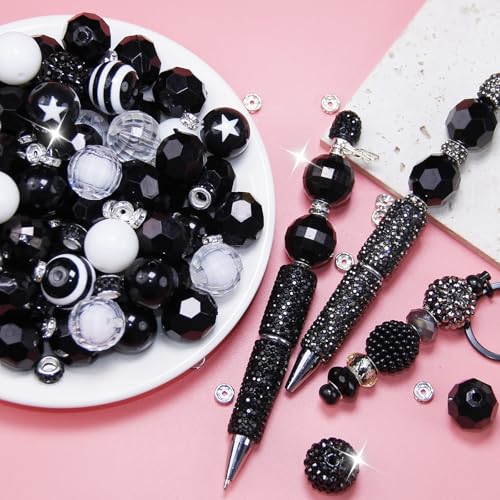 106 Pcs 20mm Beads for Pens Making with Rondelle Spacer Beads Black White Acrylic Focal Bubblegum Bead Crystal Round Sparkly Chunky Bead for Pens Beadable Keychain DIY Craft Jewelry Making Supplies - color: Black White