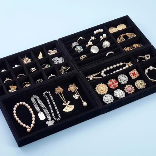 Elsjoy 8 Pack 4 Styles Black Velvet Jewelry Trays, Jewelry Organizer Tray Stackable Jewelry Storage Tray for Drawer, Rings, Earrings, Necklace