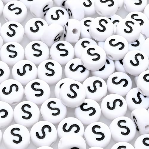 Amaney Letter Beads S 100pcs 7x4mm White Round Acrylic Black Alphabet for Bracelet Jewelry Making - color: S