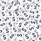 Amaney Letter Beads S 100pcs 7x4mm White Round Acrylic Black Alphabet for Bracelet Jewelry Making - color: S