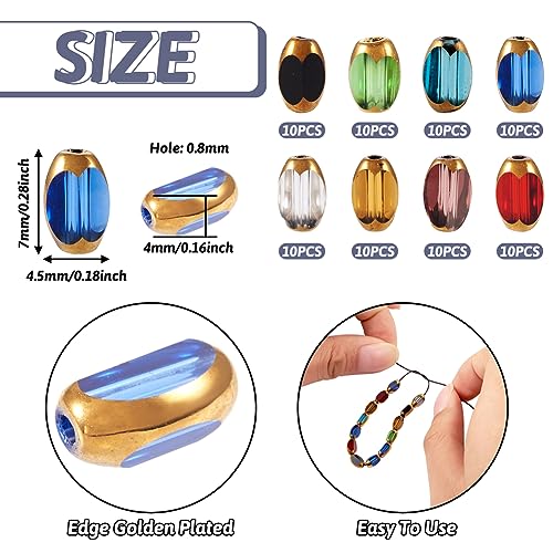 80Pcs Electroplate Glass Beads with Golden Edge, Colorful Oval Crystal Loose Spacer Beads for DIY Bracelet, Earring Jewelry Making Crafts - color: Oval