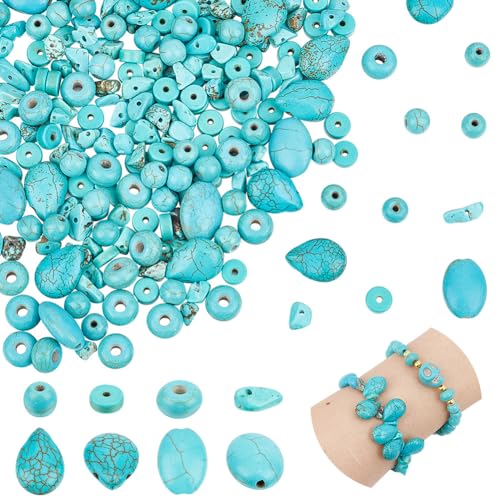 arricraft About 250 Pcs 6 Styles Turquoise Beads, Oval Round Disc Rondelle Chip Teardrop Heishi Bead Irregular Loose Stone Beads for Christmas Bracelet Necklace Jewelry Making (Hole: 1mm) - size: 6 Sizes