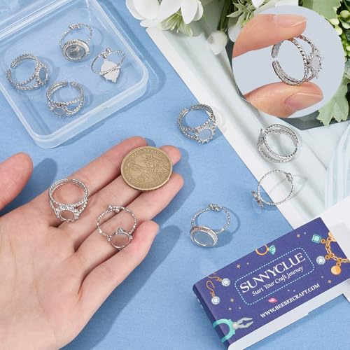 SUNNYCLUE 1 Box 16Pcs 4 Style Stainless Steel Ring Bezels Blank Cabochon Rings Silver Metal Adjustable Open Finger Ring Base Tray Component with Round Pad for Jewelry Making Rings DIY Crafts Women - style: Ring 1
