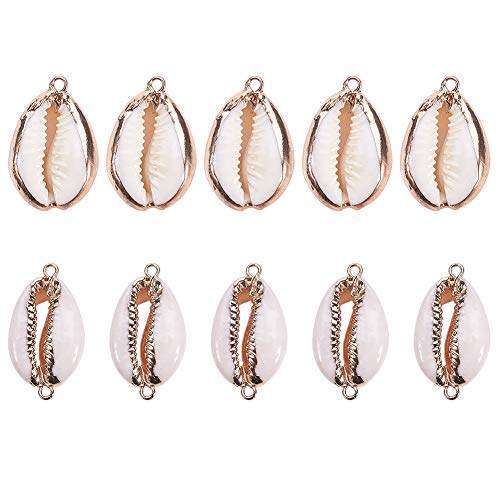 SUNNYCLUE 1 Box 10Pcs Oval Ocean Beach Spiral Seashells Craft Charms Connectors Cowrie Shell Jewelry Charms with Plated Real Gold Double Loop Bail Connector for Jewelry Bracelet Necklace Making Craft - color: 1 Box 10pcs Shell Charms and Connectors