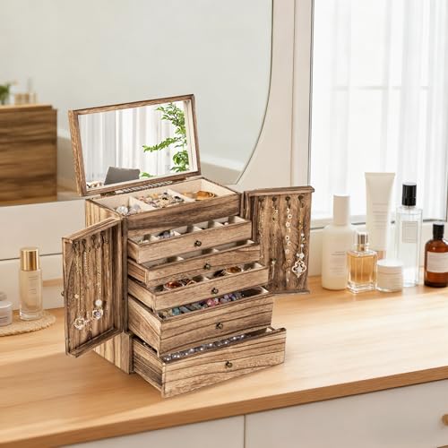 Emfogo Wooden Jewelry Box for Women, 6-Tier Large Jewelry Organizer Boxes with Mirror Rustic Solid Wood jewlery Storage Display for Rings Earrings Necklaces Bracelets watches(Carbonized Black)