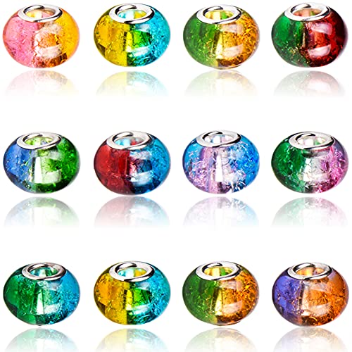 AIPRIDY 100Pcs 15x11mm Painting Murano Large Hole Glass Beads Mix Color with Silver Brass Cores European Charm fit Bracelet Necklace (Left and Right Bicolor Crack) - color: Left and Right Bicolor Crack