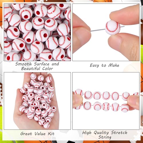 100pcs Baseball Beads with 5.5 Yard Elastic Rope,Acrylic Softball Beads Sports Bead DIY Spacer for Necklace Bracelet Keychains Handmade Jewelry Making Accessories Craft Supplies,12mm(White) - color: White Baseball