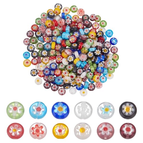 240Pcs Flat Round Flower Millefiori Lampwork Glass Beads 6mm Handmade Spacer Bead Mixed Colors Coin Loose Beads for Bracelets Earring Necklace Jewelry Making DIY Crafts - size: 6mm