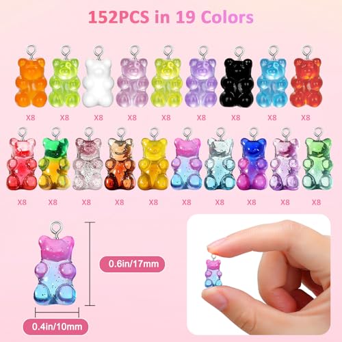 Linkstyle 152PCS 3D Gummy Bear Charms, 19 Colors Gradient Bear Earring Bracelet Nacklace Pendants, Resin Beads Shaped Clay Pendants for DIY Jewelry Making Keychains Crafting Gifts