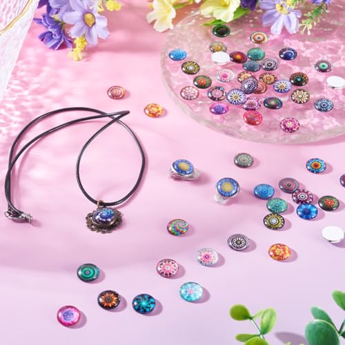 100Pcs/Set Flat Round Transparent Glass Cabochons with Pattern Eye Flatback Glass Dome Flatback Cab Beads for Photo Cameo Jewelry Making Necklace Ring DIY Crafts 12x4mm Random Kaleidoscope - color: 100Pcs-12x4mm-Random Kaleidoscope