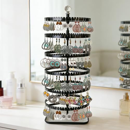 IDavosic.ly 6-layer rotating earring holder storage rack, adjustable plastic pendant display stand with 348 grooves on the tree strap, large circular storage tower, black - color: A Black