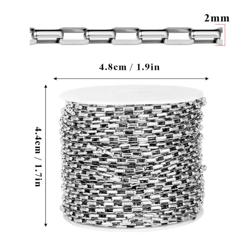 33 Feet Stainless Steel Rolo Box Chain Bulk, 2mm 304 Stainless Steel Square Cable Link Chains Roll Spool for Jewelry Making DIY Craft - color: 2MM Stainless Steel Rolo Box Chain