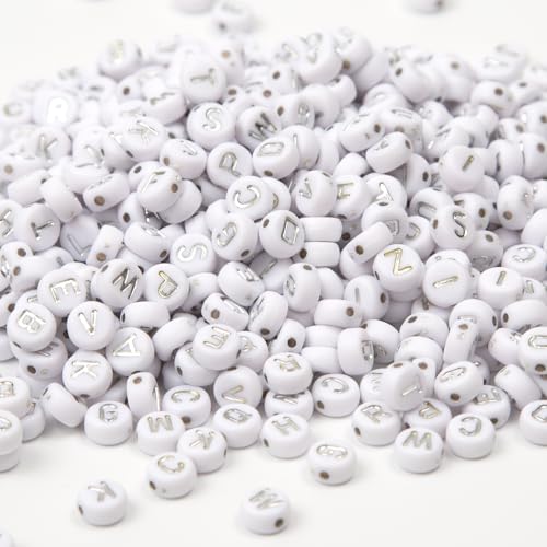 1000pcs 4x7mm Round Letter Beads White Acrylic with Silver Letter Alphabet for Jewelry Making Friendship Bracelets (Silver White) - color: Silver White