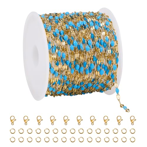 UMAOKANG 16.4 Feet Gold Plated Stainless Steel Chain for Jewelry Making Blue Enamel Chains with Jump Rings Lobster Clasps - color: Gold-Blue Enamel