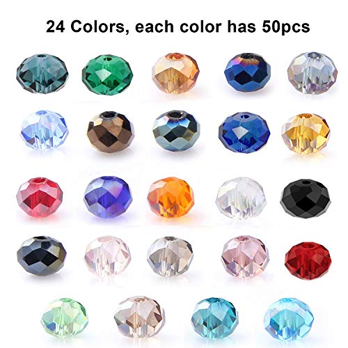 1200Pcs Faceted Rondelle Beads, Messar 6mm Crystal Glass Beads AB Color Plated Bicone Faceted Glass Beads for Bracelet Necklace Jewelry Making Set DIY Craft Projects (24 Mixed Colors)