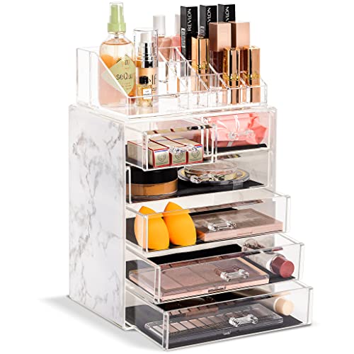 Sorbus Acrylic Makeup Organizer Set, 6-Drawer Vanity & Countertop Cosmetic Storage with Small & Wide Compartments, Marble Print Makeup Storage for Brushes, Jewelry – Holiday Gift for Women & Teens - color: Marble Print, size: 4 Large, 2 Small Drawers