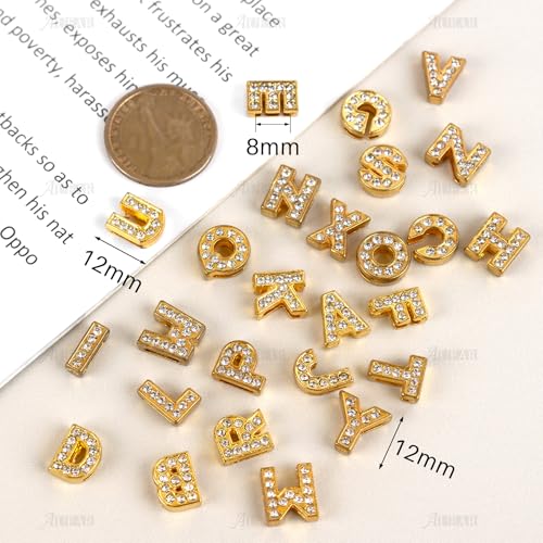 AUEAR, 26 Pack Gold A-Z 8mm Full Rhinestone Slide Charms Crystal Alphabet Letter Alloy for Bracelets Necklace Wristbands DIY Jewelry Making - color: Gold, size: 26 Pack